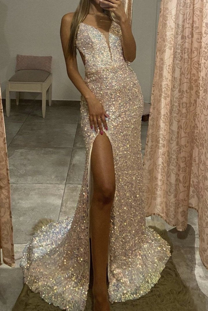 sparkly mermaid sequins long prom dress evening dress with backless