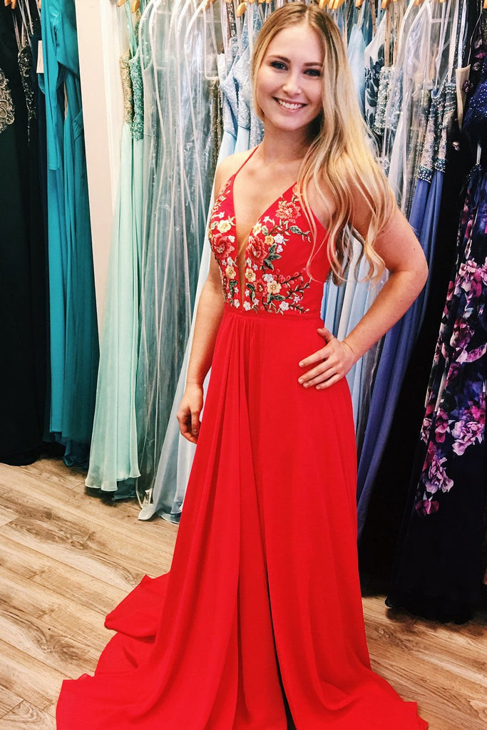 red chiffon long prom dresses embroidered evening party dress