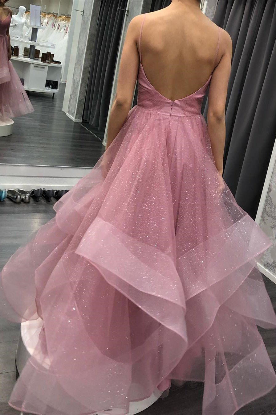Glitter straps ruffled pink long prom dresses backless formal gown mg116