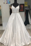 A-line v-neck beaded long prom dresses sleeveless formal gown mg117