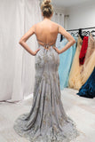Mermaid V-Neck Grey Long Prom Dress With Appliques, Backless Evening Gown GP271
