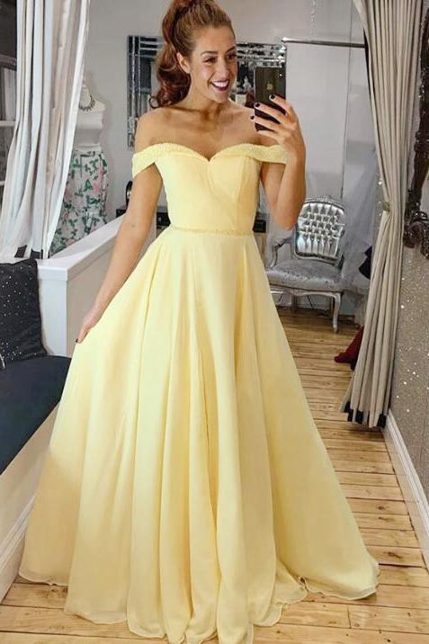 Elegant off shoulder a-line yellow long simple prom dress mg113