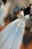 Elegant a-line v neck tulle long prom dress with appliques mg118