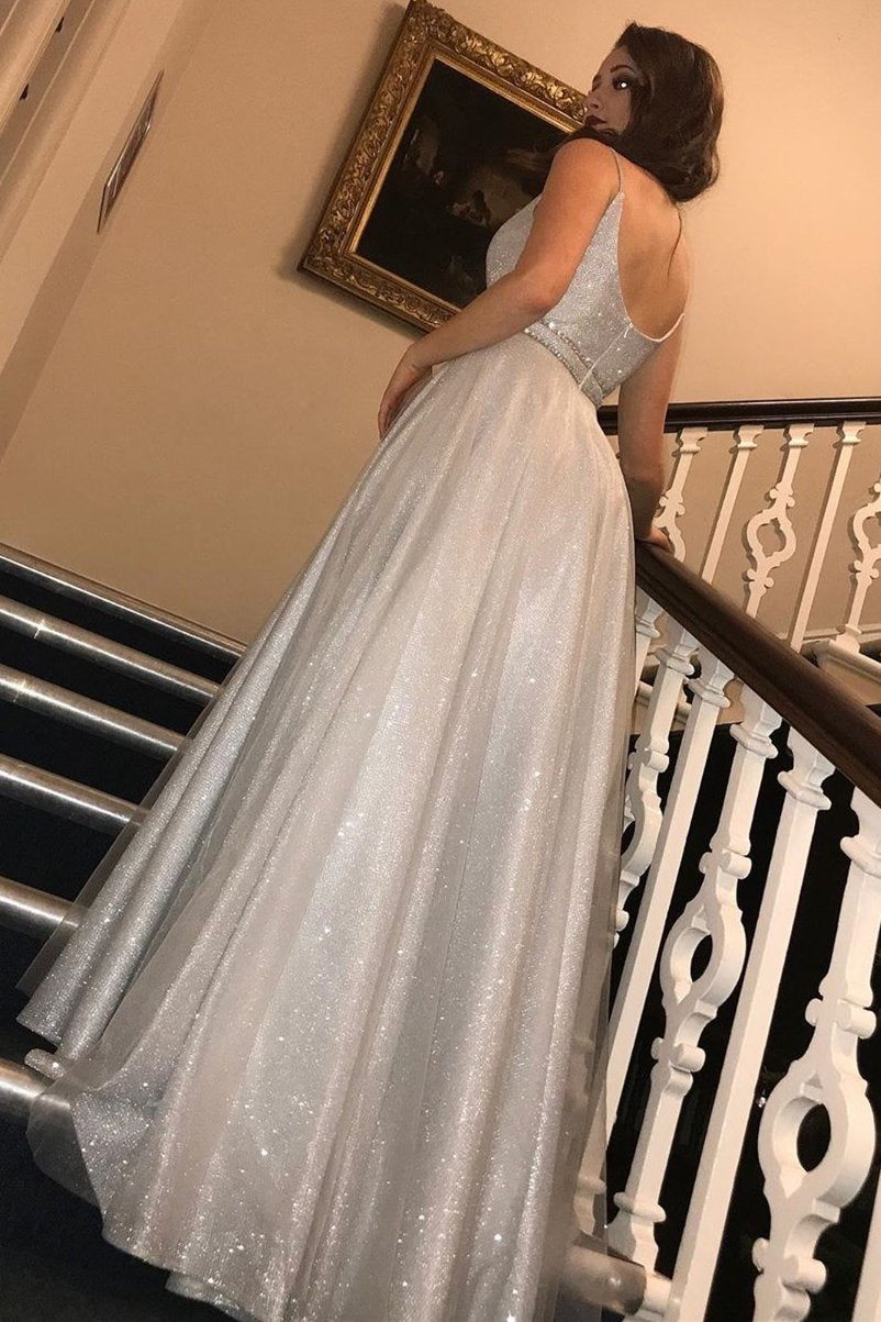 Glitter silver long prom dresses a-line v neck sequins formal dress mg115