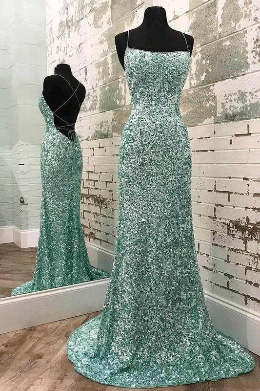Mint Green Sparkly Mermaid Prom Dress, Long Backless Evening Dress GP221