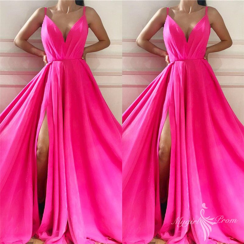 chic spaghetti straps slit long hot pink prom dresses v neck formal party gowns