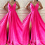 chic spaghetti straps slit long hot pink prom dresses v neck formal party gowns