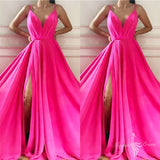 Chic Spaghetti Straps Slit Long Hot Pink Prom Dresses, V-neck Formal Party Gowns GP432