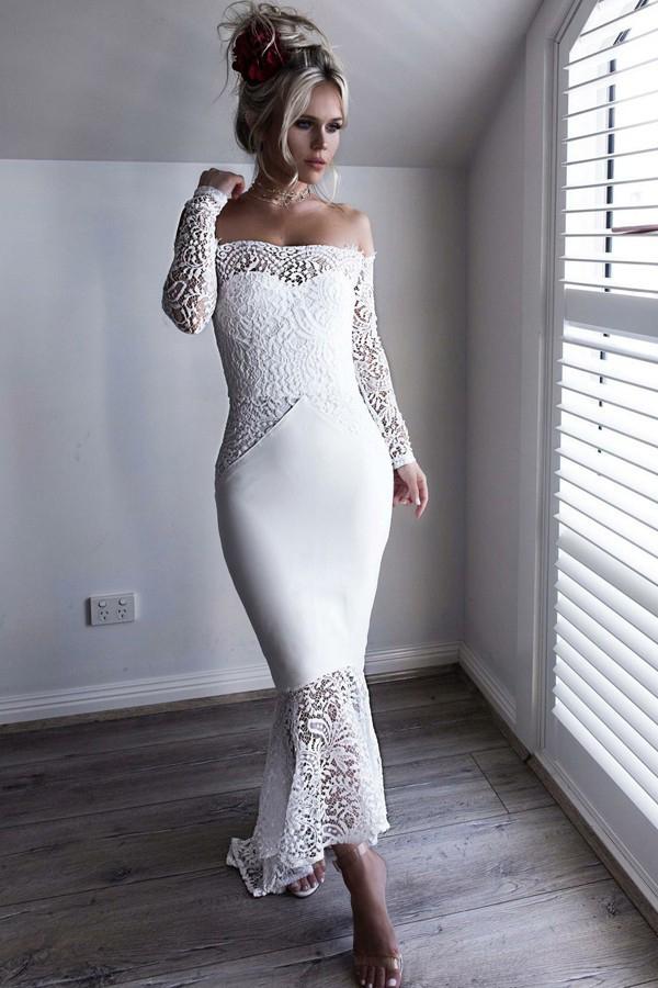 Off-shoulder long sleeves hi-low lace mermaid bridesmaid dress gb365