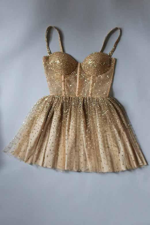 Sparkly Spaghetti Straps Gold Tulle Short Homecoming Dress With Beading GM193