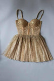 sparkly spaghetti straps gold tulle short homecoming dress with beading