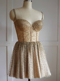 sparkly spaghetti straps gold tulle short homecoming dress with beading