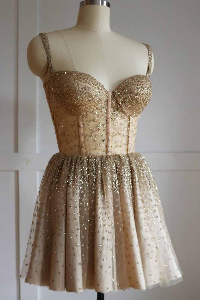 sparkly spaghetti straps gold tulle short homecoming dress with beading