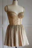 Sparkly Spaghetti Straps Gold Tulle Short Homecoming Dress With Beading GM193