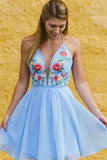 chiffon blue v neck short prom dresses embroidered homecoming dress