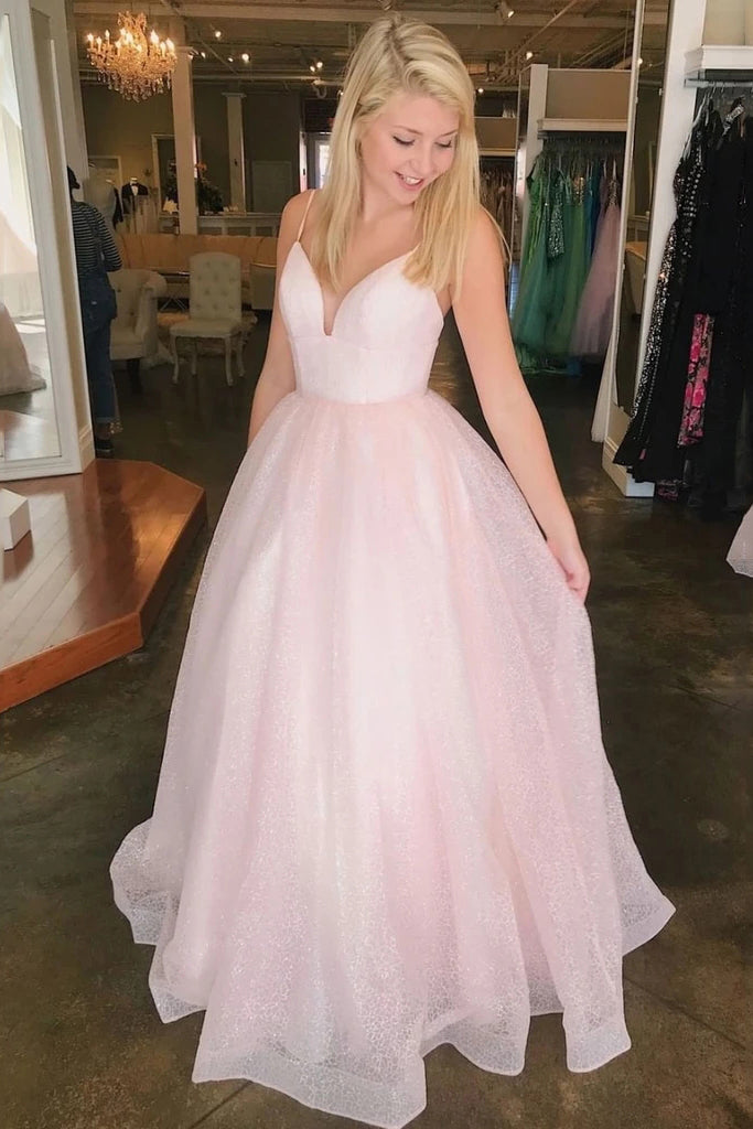 sparkly pink long prom dress a line tulle graduation gown