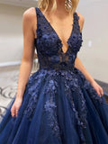 A-line V Neck Beaded Navy Blue Prom Dresses, Navy Blue Long Evening Dresses MG33