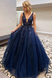 A-line V Neck Beaded Navy Blue Prom Dresses, Navy Blue Long Evening Dresses MG33