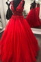 V Neck Beading Red Lace Floral Long Prom Dresses, Gorgeous Red Evening Dresses MG32