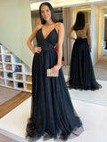 V Neck Backless Black Long Prom Dresses, Shiny Formal Evening Dresses MG31