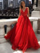 A-line v neck red lace long prom dresses, lace appliques formal dresses, mg30