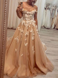 Off Shoulder Tulle Long Prom Evening Dresses 3D Flowers Appliques MP174