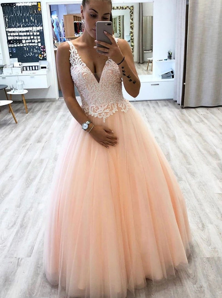 A-line V Neck Tulle Floor Length Prom Dress With Lace Appliques MP157