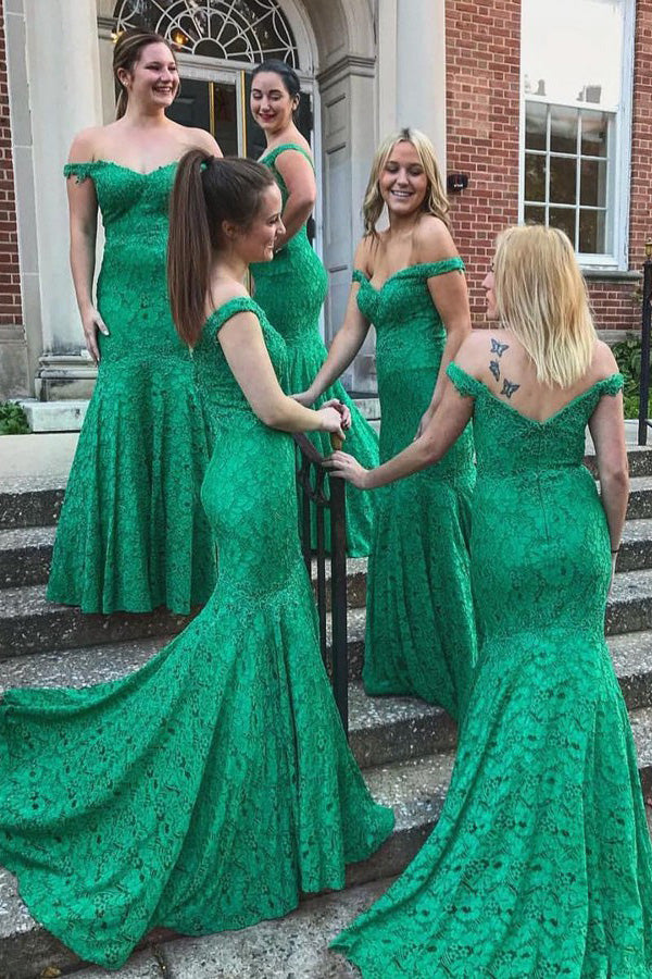 Off-the-Shoulder Mermaid Green Lace Bridesmaid Dresses PB30