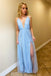 sky blue floor length prom dress with pearls split evening gown