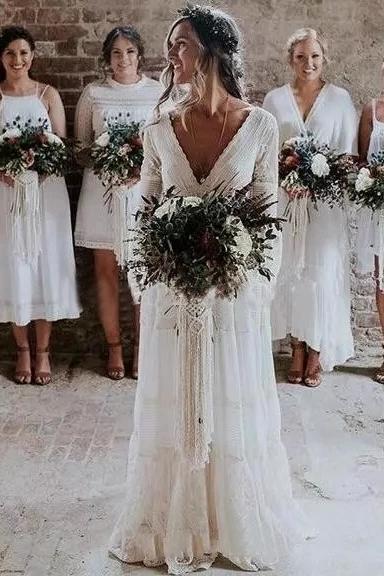 V Neck Lace Beach Wedding Dresses, Long Sleeve Backless Bridal Dresses PW112