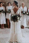 V Neck Lace Beach Wedding Dresses, Long Sleeve Backless Bridal Dresses PW112