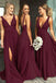 deep v neck long backless long burgundy bridesmaid dresses with split
