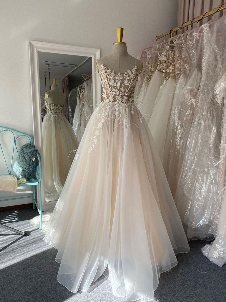 champagne a line tulle strapless wedding dresses beach bridal gown