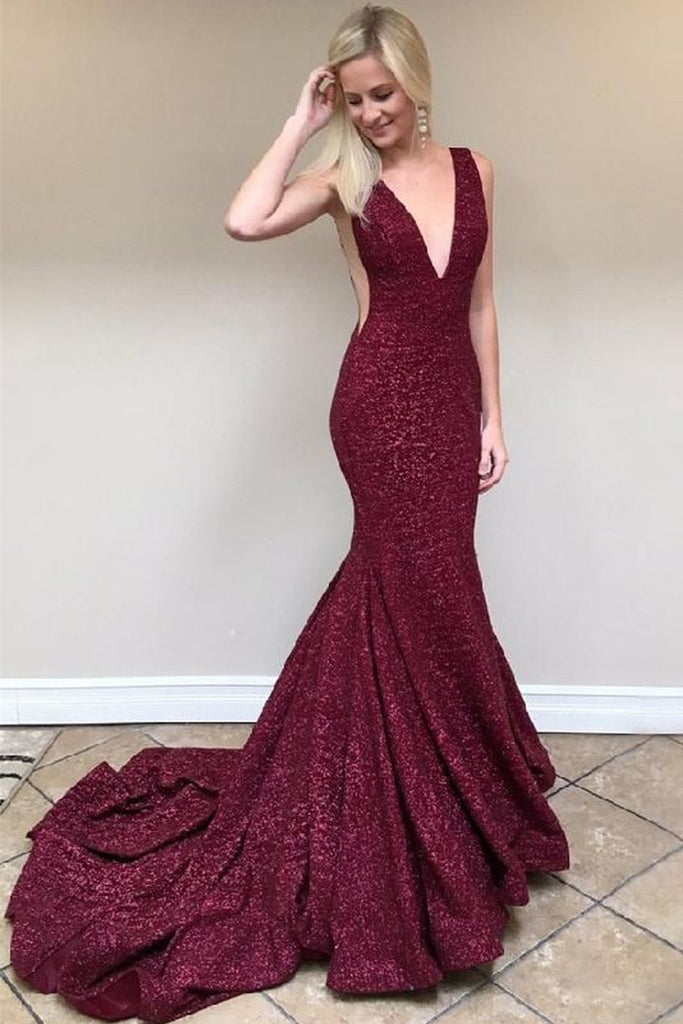 sparkly mermaid burgundy prom dresses v neck backless evening gown