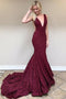 Sparkly Mermaid Burgundy Prom Dresses V-Neck Backless Evening Gown MP244