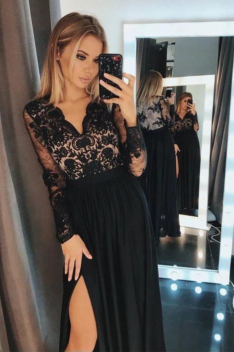 Long sleeve lace black long prom dresses a-line evening gown with split mg123