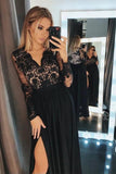 Long sleeve lace black long prom dresses a-line evening gown with split mg123