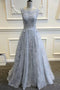 Tulle A-line Princess Backless Long Prom Dress with Lace Appliques MP1111