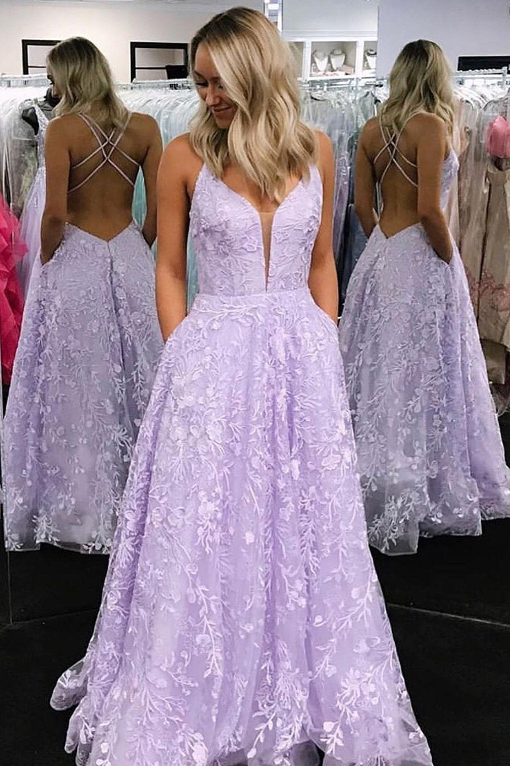 A-line long lilac lace prom dresses backless formal gown with pockets mg136