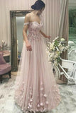 Off-the-shoulder pearl pink tulle prom dress with appliques beading mg251
