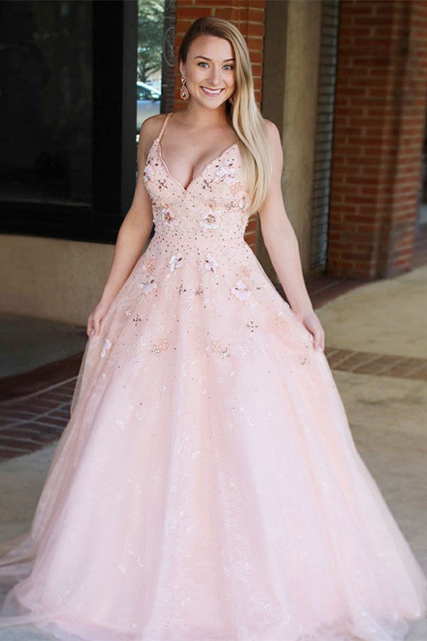 a line v neck appliques blush long prom dress tulle backless pageant gown