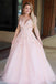 a line v neck appliques blush long prom dress tulle backless pageant gown