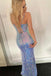 sparkly blue backless mermaid long prom dress sequin evening gown with slit