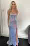 Sparkly Blue Backless Mermaid Long Prom Dress, Sequin Evening Gown with Slit GP522