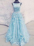 Round neckline sky blue tulle appliques long prom dresses with beading mg297