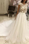 Round Neck Appliques Top Long Wedding Dresses With Cap Sleeves PW355