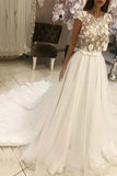 Round Neck Appliques Top Long Wedding Dresses With Cap Sleeves PW353
