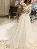Round neck tulle lace appliques long wedding dresses with cap sleeves mg676