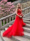 Red v-neck tulle long prom dresses backless long evening dress mg295