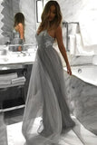 Spaghetti Straps V-neck Tulle Grey Long Prom Dresses With Sequins MP203